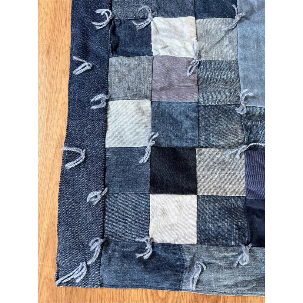 Vintage Denim Patchwork Crib Quilt with Bandana Print Back Americana Decor